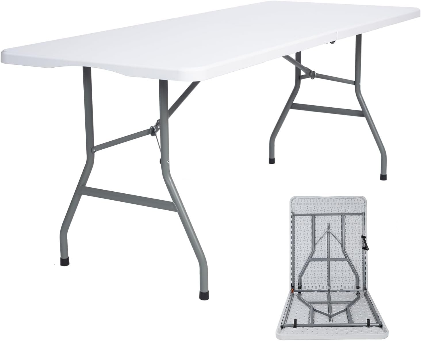 Folding Table 6ft Plastic Table Indoor & Outdoor for Picnic, Camping,BBQ and Party, with Powder Coated Steel Legs and Built in Carry Handle, White