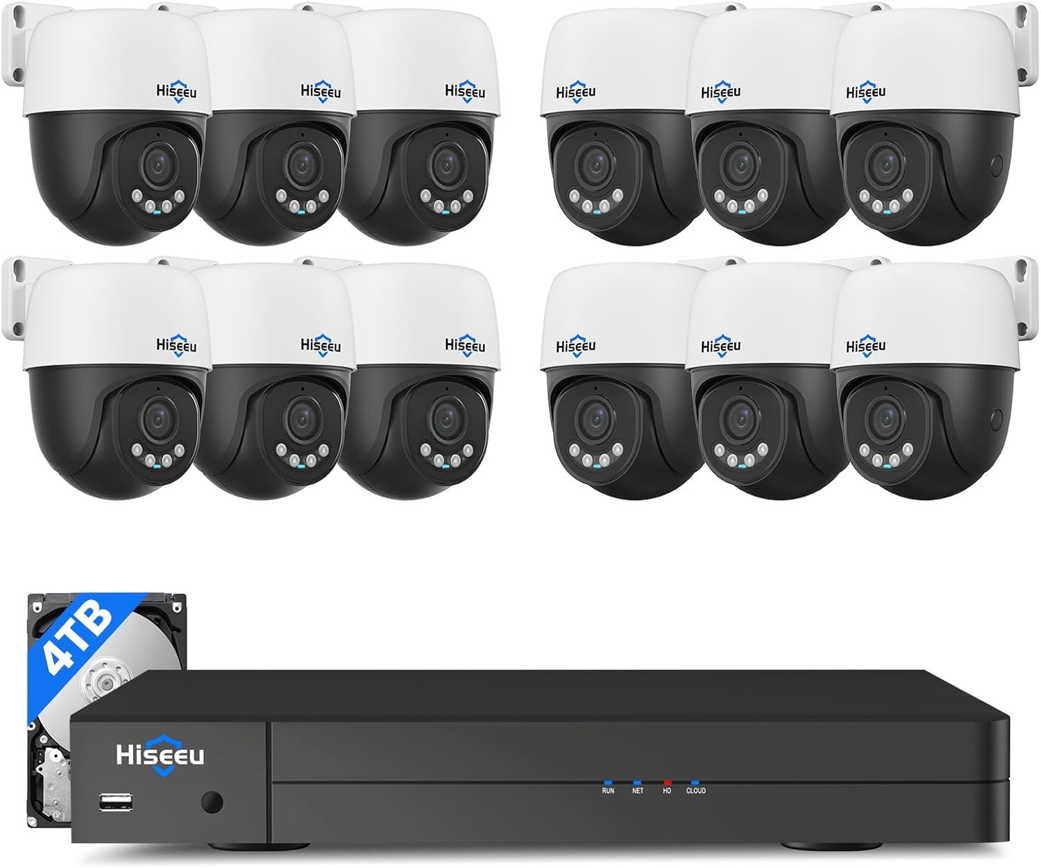 【360°View】 Hiseeu 12MP NVR 12 Pcs 5MP PoE PTZ Cameras, 350°Pan 90° Tilt，Auto Human Tracking, Human Vehicle Detect, 2 Way Audio, 7/24 Record&Playback，4TB HDD for Home Surveillance Outdoor Indoor