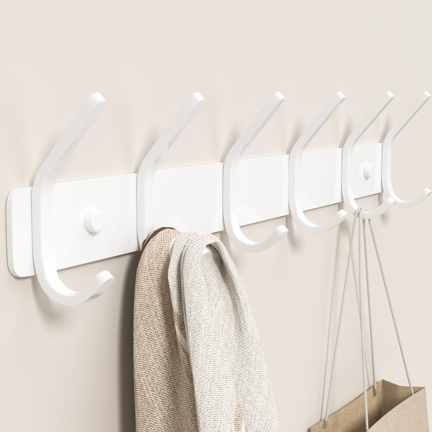 Coat Rack Wall Mount Hooks – 15 Inch Matte White Metal 6-Hook Organizer Wall Mounted, Modern Kids Room, Entryway & Bathroom Hanger for Beach Towels, Coats, Purses, Bags (1 Pack)