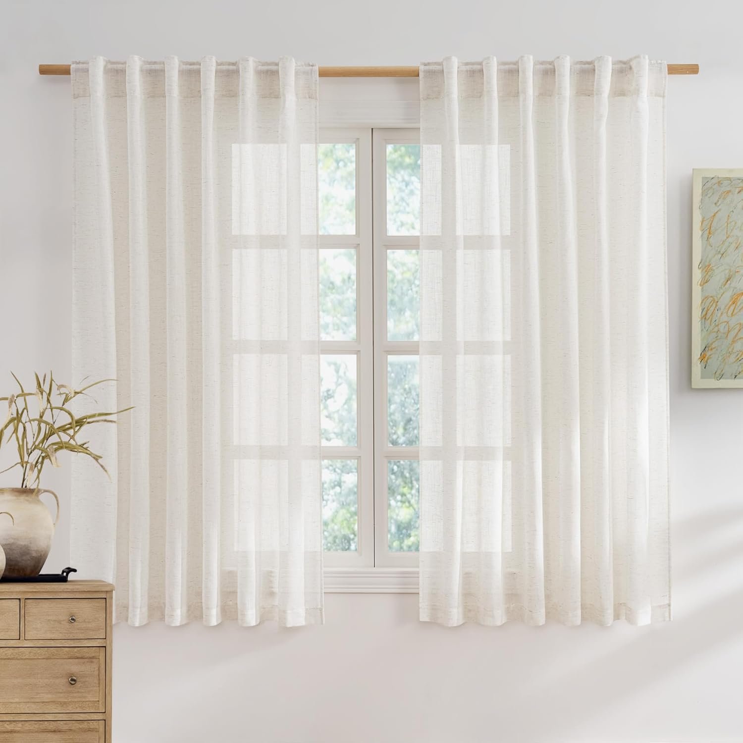 NICETOWN Sheer Linen Curtains 63 Inch Length for Bedroom Living Room 2 Panels,Ivory Rod Pocket & Back Tab Semi Sheer Drapes Privacy Semitransparent Farmhouse Window Treatment, W52 x L63