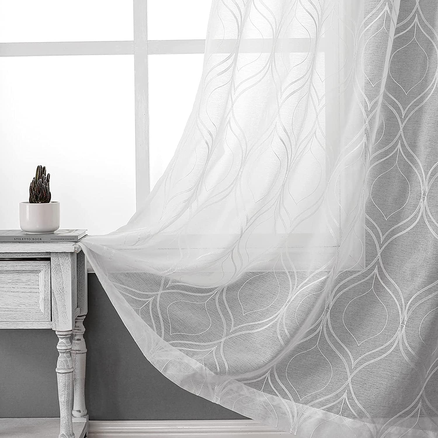 VISIONTEX White Sheer Curtains 84 Inches Long 2 Panels Set Moroccan Embroidered Curtains Trellis Decor French Textured Rod Pocket Voile Tulle Semi Window Drapes for Bedroom Living Room 54 x 84 Inches