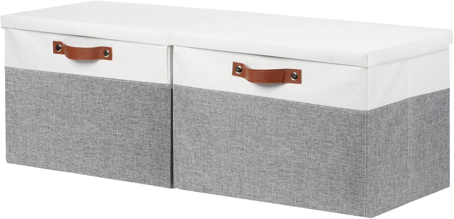DULLEMELO Fabric Storage Bins with Lid, Set of 2 Large Decorative Storage Boxes for Shelves with Leather Handles, Foldable Storage Baskets for Closet (White&Grey, 17″ L x 12″ W x 12″ H)