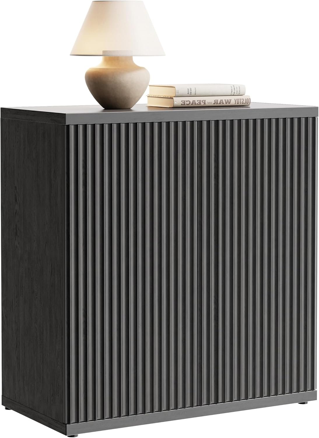 Fluted Buffet Cabinet Sideboard with Storage,Wooden Credenza with 2 Doors&Adjustable Shelve, Modern Accent Cabinets Coffee Bar Bookcase for Living Room,Kitchen Dining Room Entryway 15″D Black