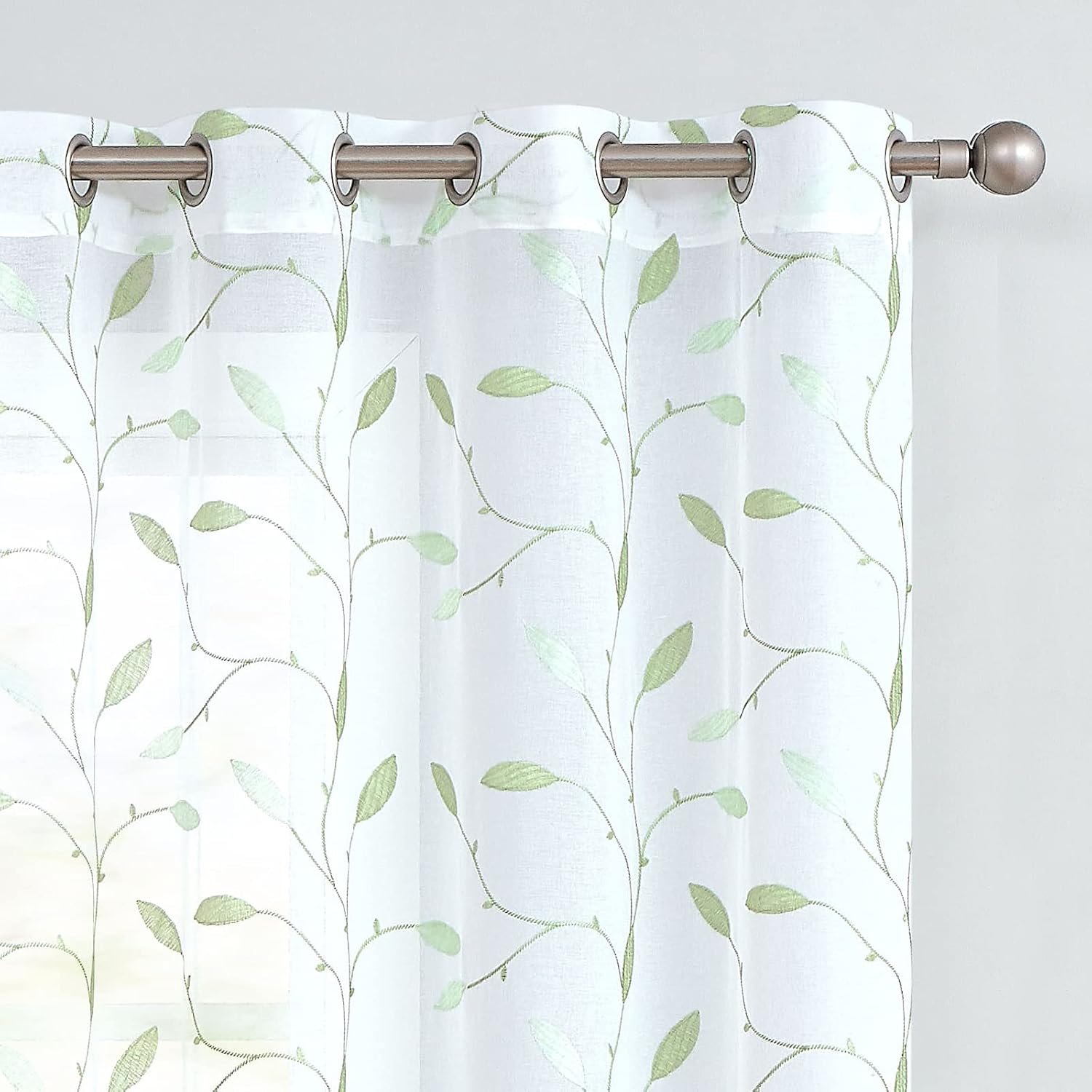 Lazzzy Sheer Curtains Embroidered Floral Leaf Voile Drapes for Bedroom Living Room Grommet Top Window Treatments 2 Panels 84 Inches Green on White