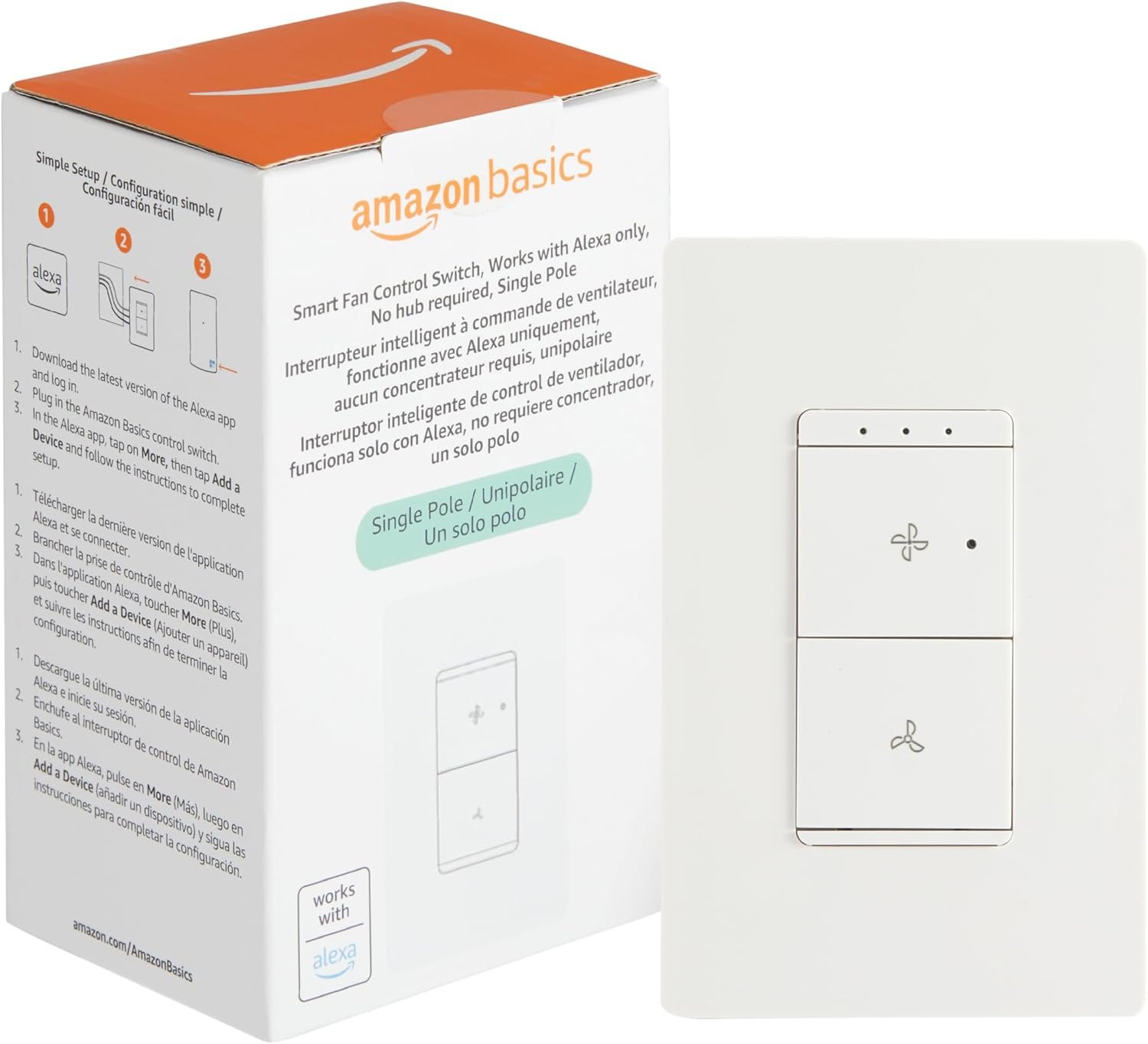 Amazon Basics Smart Fan Control Switch, Single Pole, Works with Alexa Only, 2.4 GHz Wi-Fi, No Hub Required, White