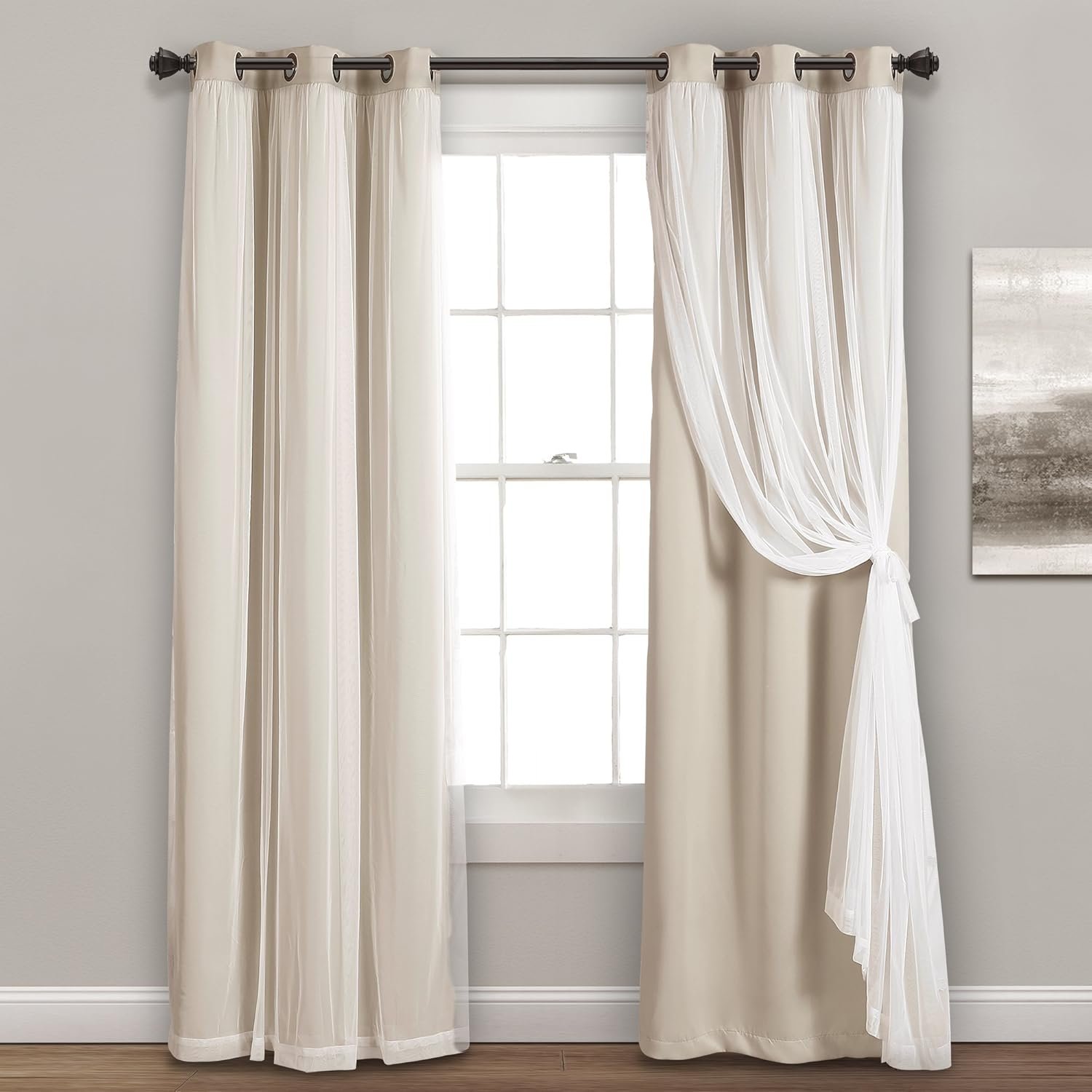 Lush Decor Sheer Grommet Curtains With Insulated Blackout Lining, Window Curtain Panels, Pair, 38″W x 84″L, Wheat – Curtain With Sheer Overlay, Elegant Blackout Curtains for Bedroom