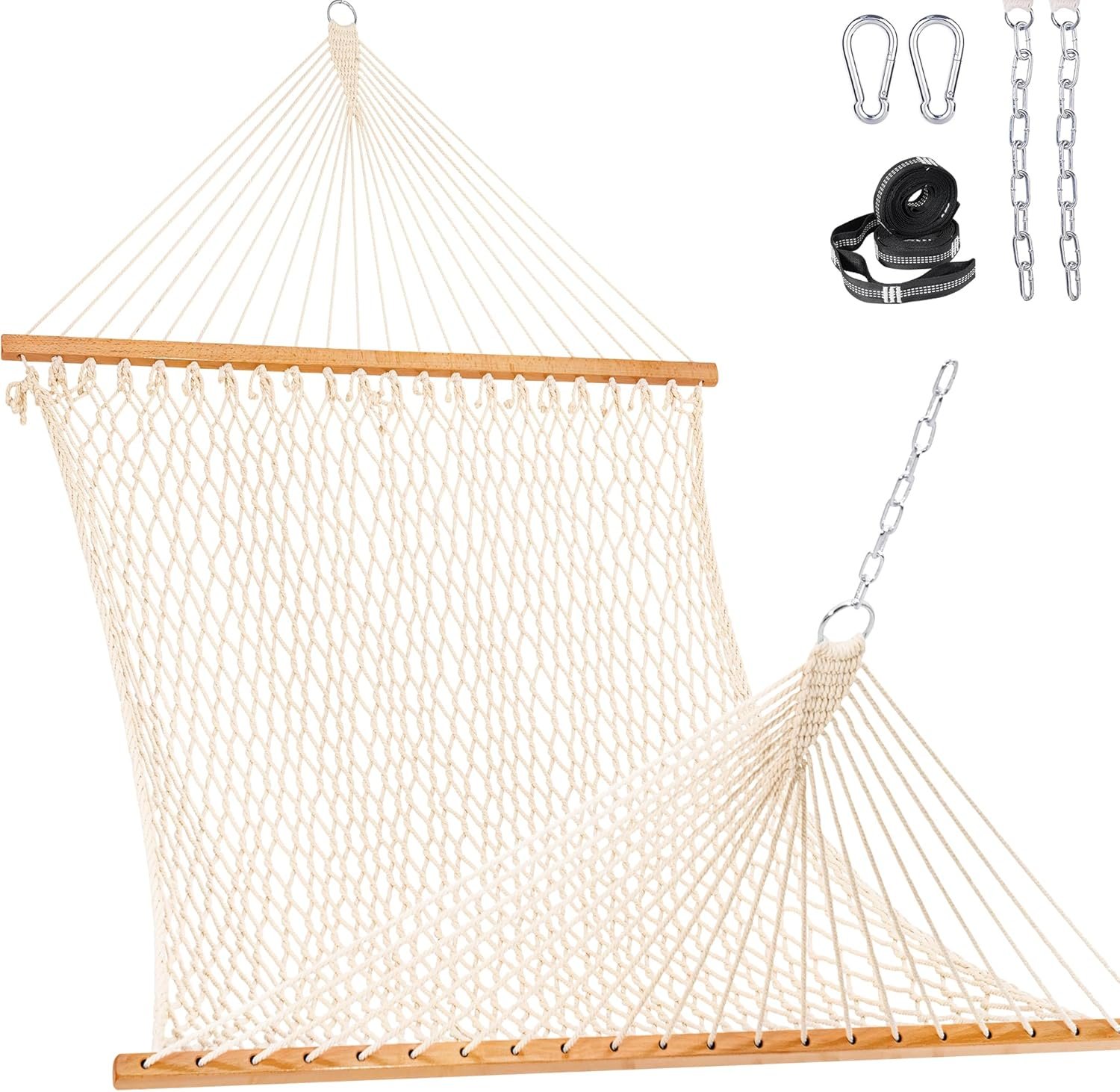 Lazy Daze Hammocks Double Rope Hammock, 2 Person Traditional Outdoor Hand Woven Cotton Rope Hammock with Spreader Bar, Chains, Tree Straps for Patio Yard – Max 450 Lbs, Natural