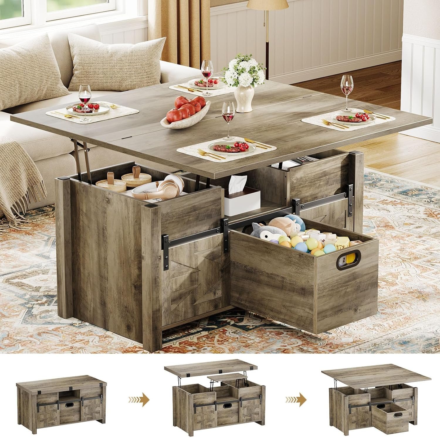 40″ Farmhouse Lift Top Coffee Table with Sliding Barn Door,4 in 1 Multi-Function Coffee Tables with Storage Drawers & Hidden Compartment,Converts to Dining Table for Living Room,Grey