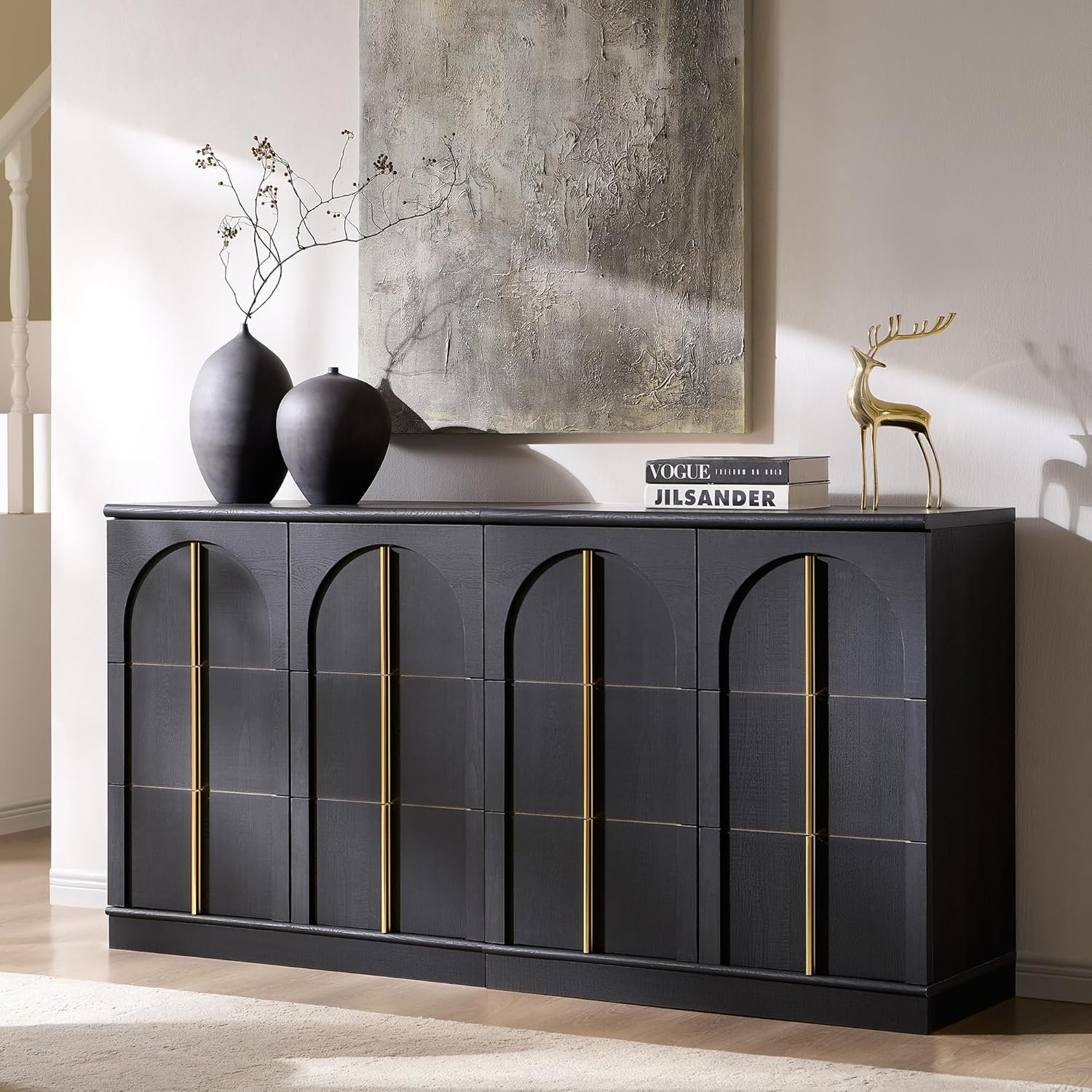 ACCOHOHO Buffet Cabinet with Storage&Arched Doors Set of 2, 63″ Wood Sideboard with Adjustable Shelf,Modern Accent Cabinet for Living Room,Kitchen or Entryway,Black