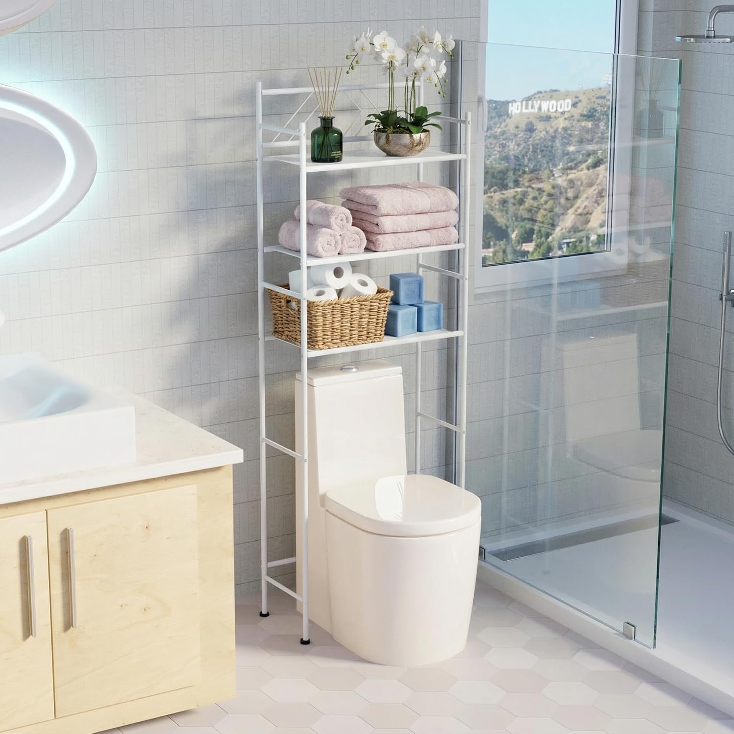 Home Zone Living Over-The-Toilet Bathroom Storage Organizer with 3-Tier Shelves and Adjustable Feet, Freestanding Steel Frame Design, White