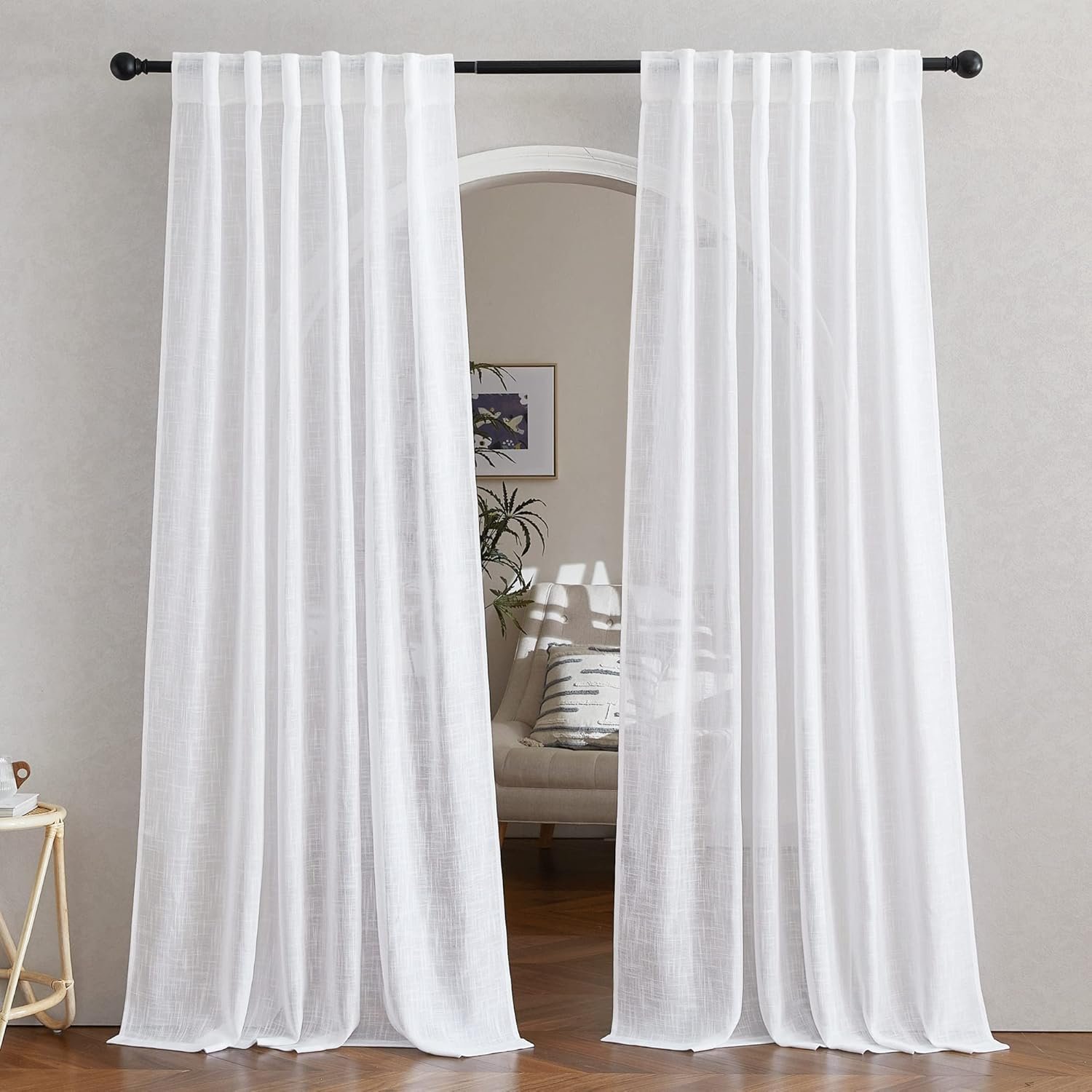 NICETOWN White Linen Sheer Curtains and Drapes 84 inches Long, Rod Pocket & Back Tab semitransparent with Light Through Vertical Window Treatments for Sliding Glass Door & Living Room, 52″W, Set of 2