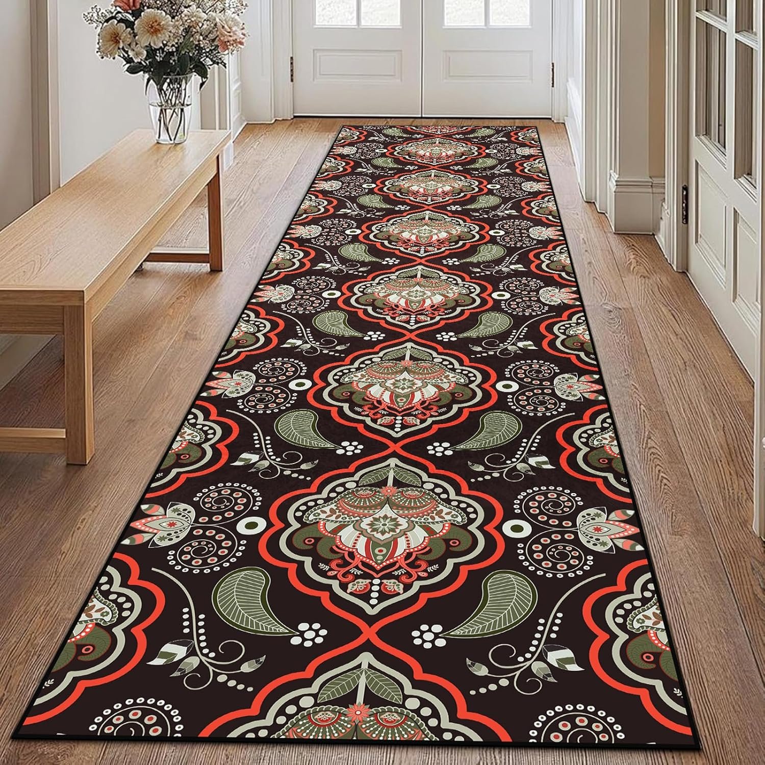 Washable Corridor Runner Rug, Non-Slip Vintage Flowers Hallway Rug with Upgrade Rubber Backing, Stain Resistant Faux Wool Distressed Carpet for Bedroom Kitchen Laundry Corridor Balcony (94.5″ x 23.6″)