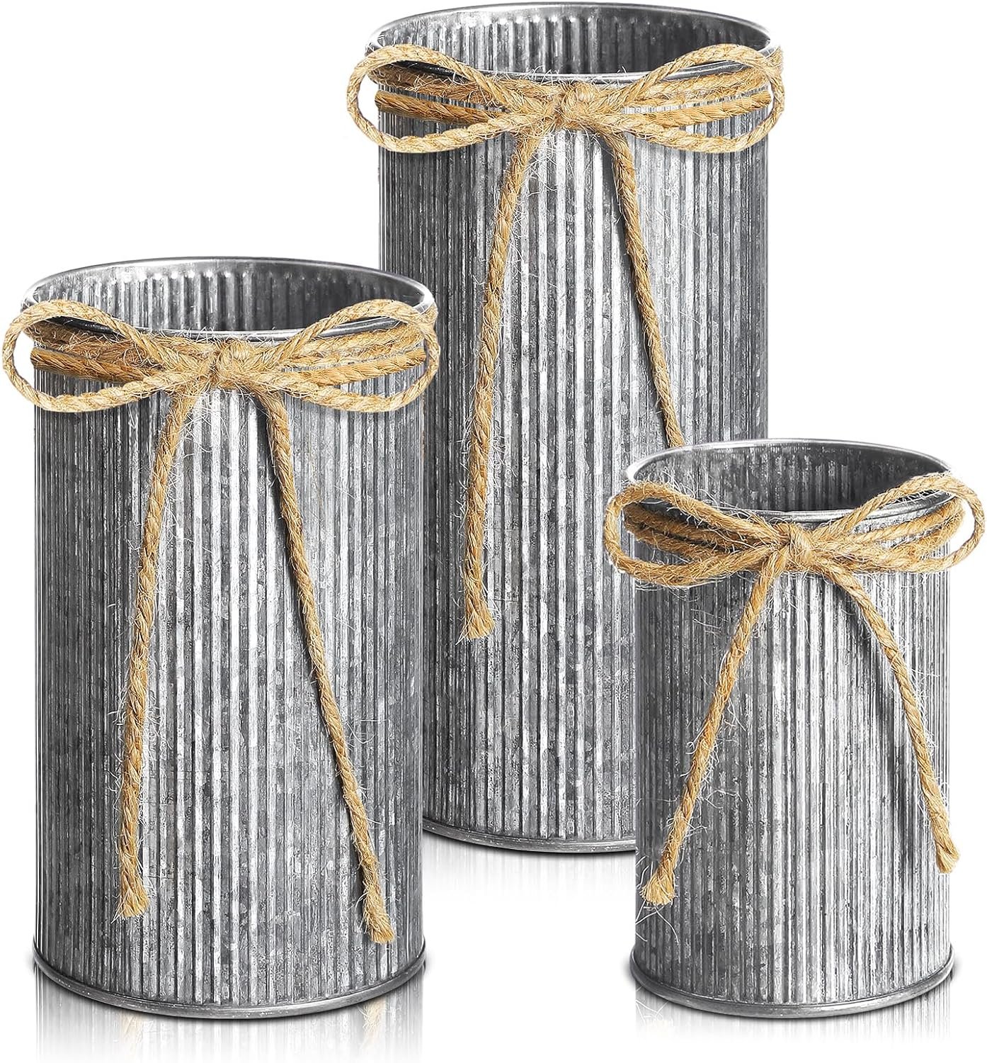 Zonon 3 Pcs Farmhouse Vase Decor with Twine Bow 4.33″ Galvanized Flower Bucket 5.91″ Metal Pots 7.09″ Rustic Decorated Vases for Artificial Flowers Home Table Weddings Decor (Black)