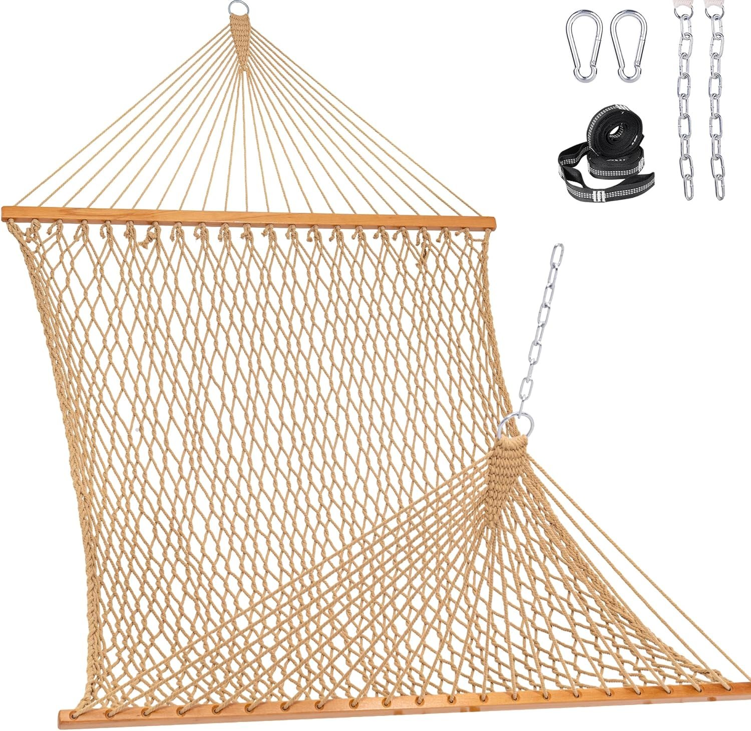 Lazy Daze Hammocks Double Rope Hammock, 2 Person Traditional Outdoor Hand Woven Cotton Rope Hammock with Spreader Bar, Chains, Tree Straps for Patio Yard – Max 450 Lbs, Tan