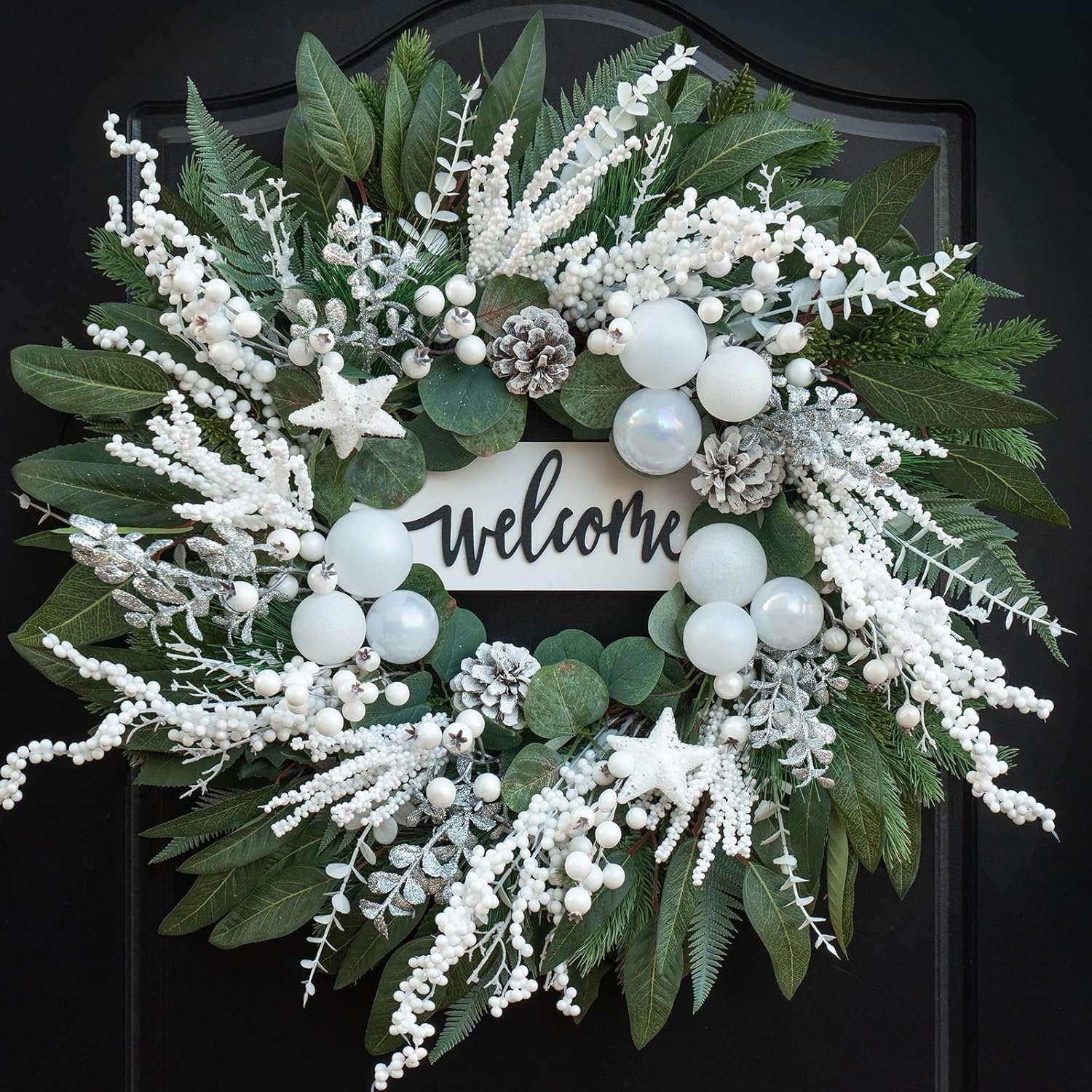 Winter Wreaths for Front Door 24 Inch Winter Door Wreath with White Balls and Silver Berries, Festive Holiday Decor for Indoor and Outdoor, Seasonal Winter Home Decoration