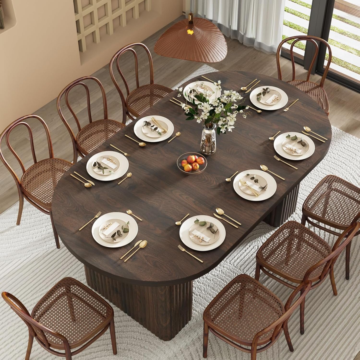 70.9 Inch Oval Dining Table for 6-8 People, Large Kitchen Table with Thick Sturdy Wood Strip Base, Modern Farmhouse Dining Room Tables for Kitchen Living Room,Fluted Mid Century Dinner Table,Walnut