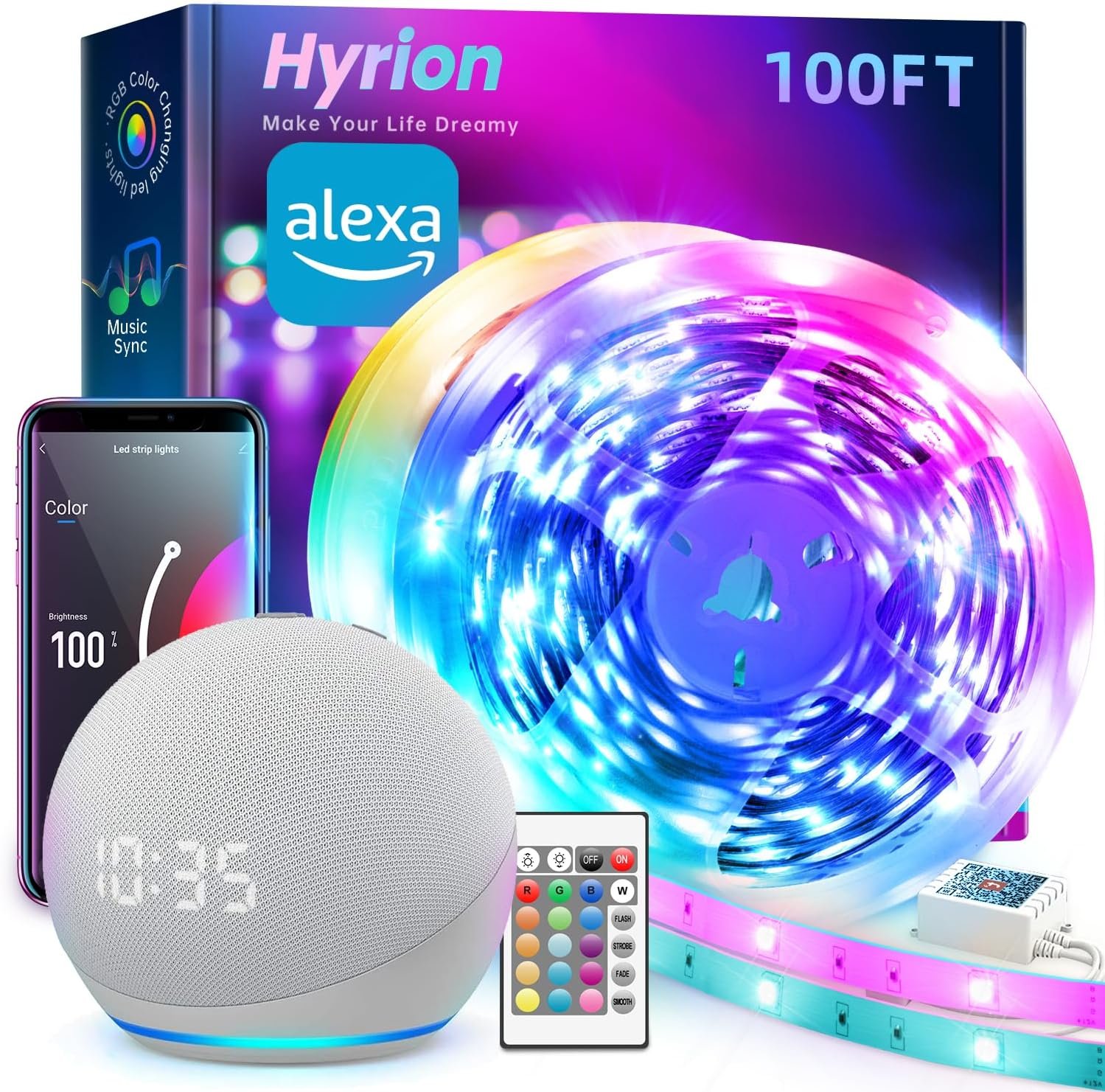hyrion Smart LED Lights for Bedroom 100ft, Voice Control Strip Lights with Alexa and Google Assistant, RGB Color Changing, Music Sync WI-FI Led Lighting with App Controlled for Room Decor(2 * 51ft)