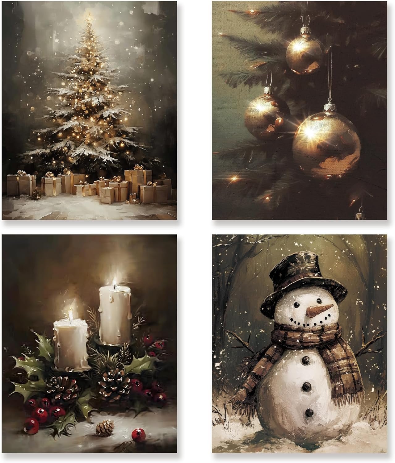 KSDUT Christmas Art Prints Decor Set of 4 – Vintage Retro Winter Holiday Xmas Artwork Poster Christmas Tree Snowman Wall Decor for Home Farmhouse Bedroom Gallery Decorations – 8″x10″ Unframed