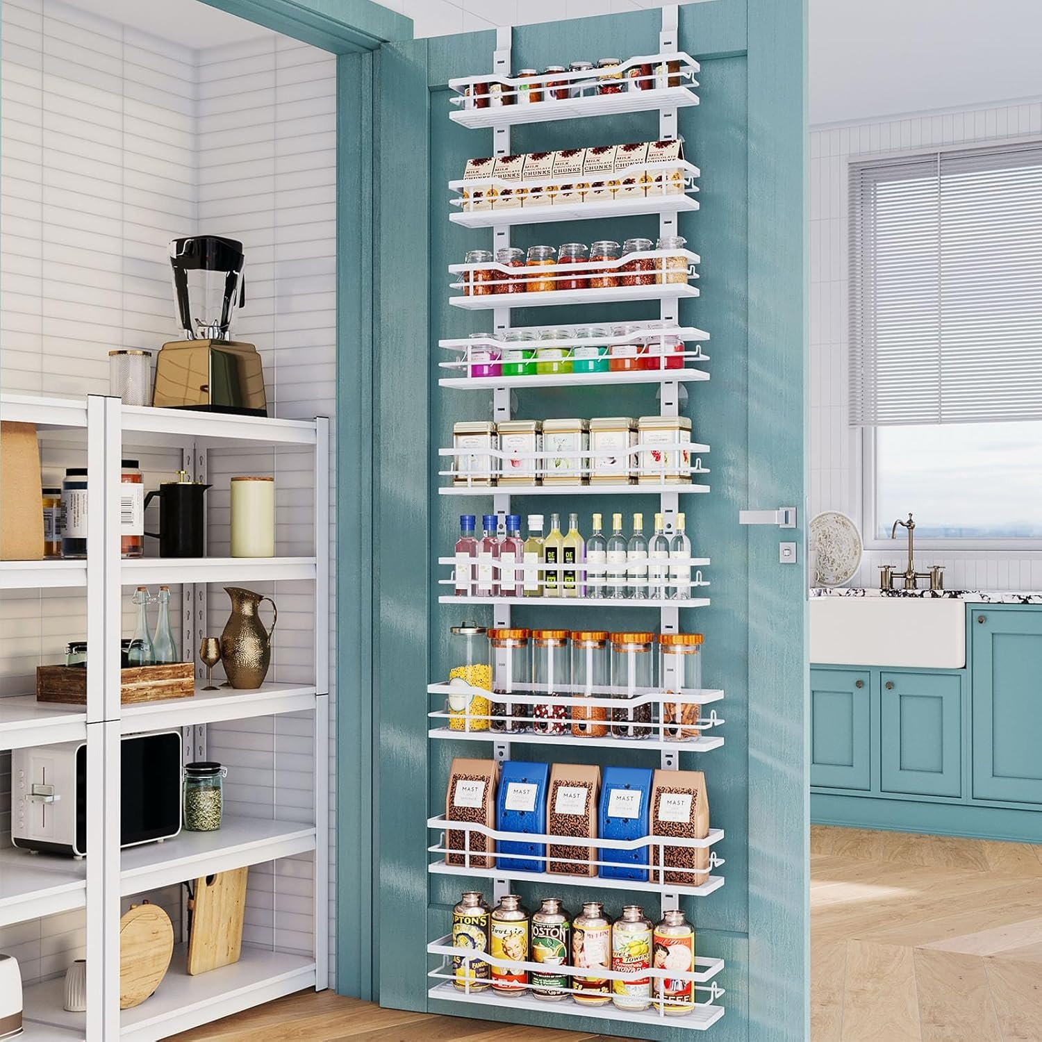 Over The Door Pantry Organizer，9-Tier Over The Door Organizer with Adjustable Basket，Metal Hanging Pantry Organizers and Storage for Kitchen, Back of Door Seasoning Rack