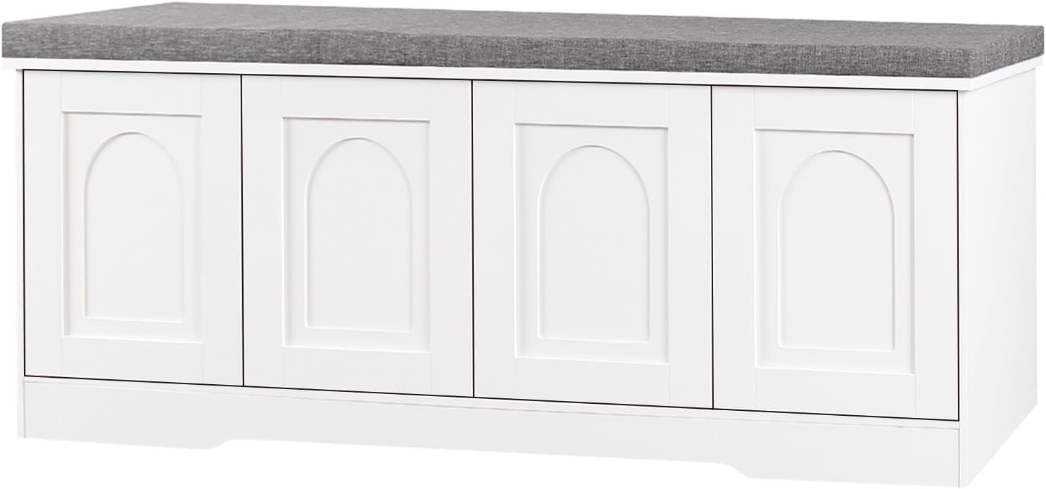 DINZI LVJ Shoe Bench, Entryway Storage Bench with Doors, Cushion, 2-Tier Shoe Rack with 8-Cubby, 47.2”L x 13.8”W Shoe Organizer Cabinet, Adjustable Shelf, Living Room, Bedroom, White