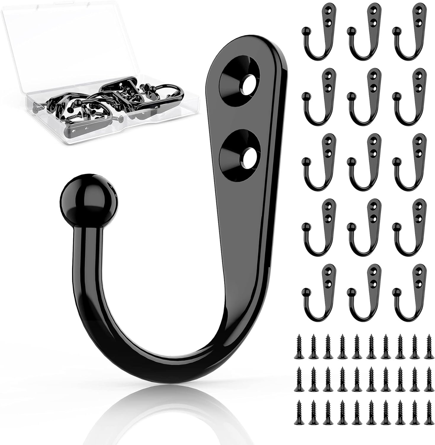 ZAYBOD 15Pcs Black Wall Mounted Coat Hooks, Hanger Hook with 30 Pieces Screws for Hanging Hat, Towel, Key, Robe, Coats, Scarf, Bag, Cap, Coffee Cup, Mugs