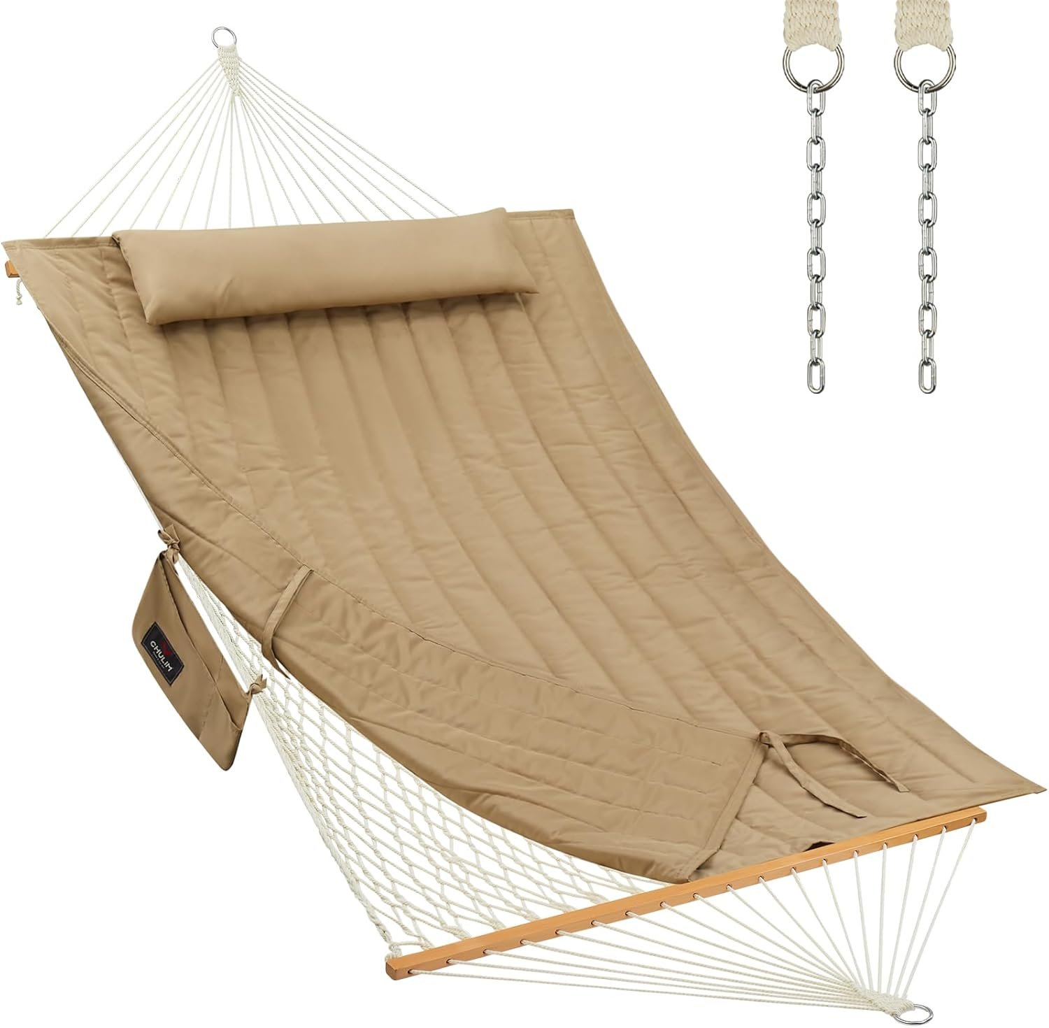 Outdoor Double Hammock with Hardwood Spreader Bars, Large Rope Hammock with Polyester Pad and Pillow, 475 LBS Capacity for 2 Person Patio Backyard Poolside – Tan