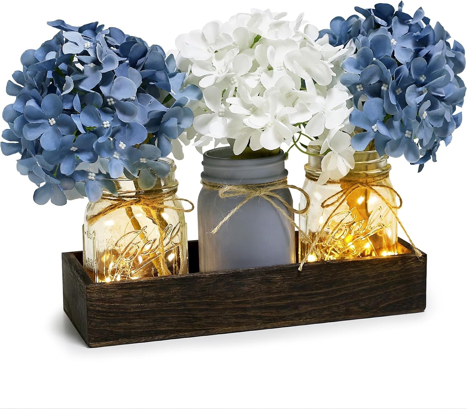 Mason Jar Centerpiece Table Decor for Dining Room Farmhouse Coffee Table Decor with Wood Tray Fairy Lights Fake Flowers for Kitchen Living Dining Room – Blue White, 11 inches