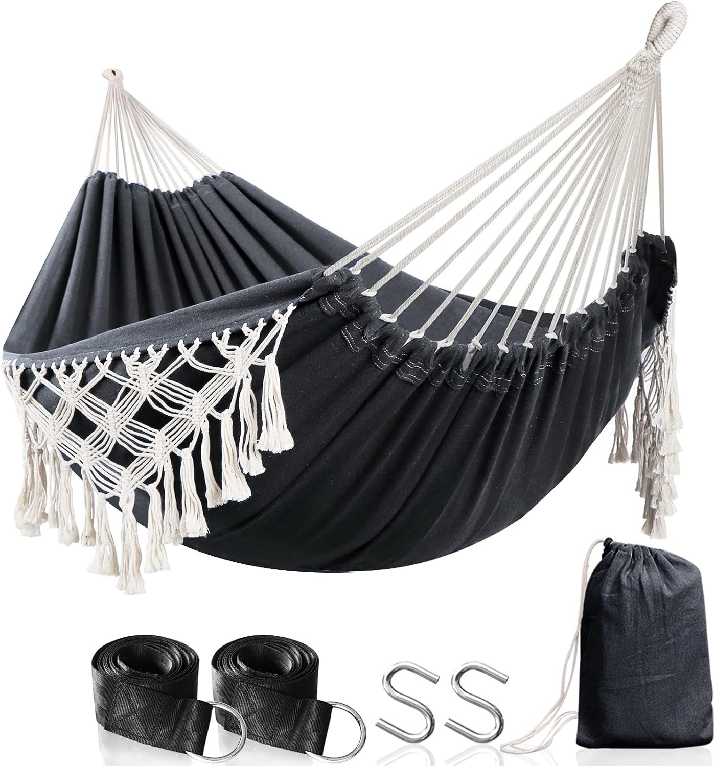 Anyoo Cotton Hammock – Comfortable & Elegant Deluxe Hammock with Tassels – Supports Up to 450lbs – Portable with Travel Bag for Porch, Patio, Yard, Bedroom & Outdoor/Indoor