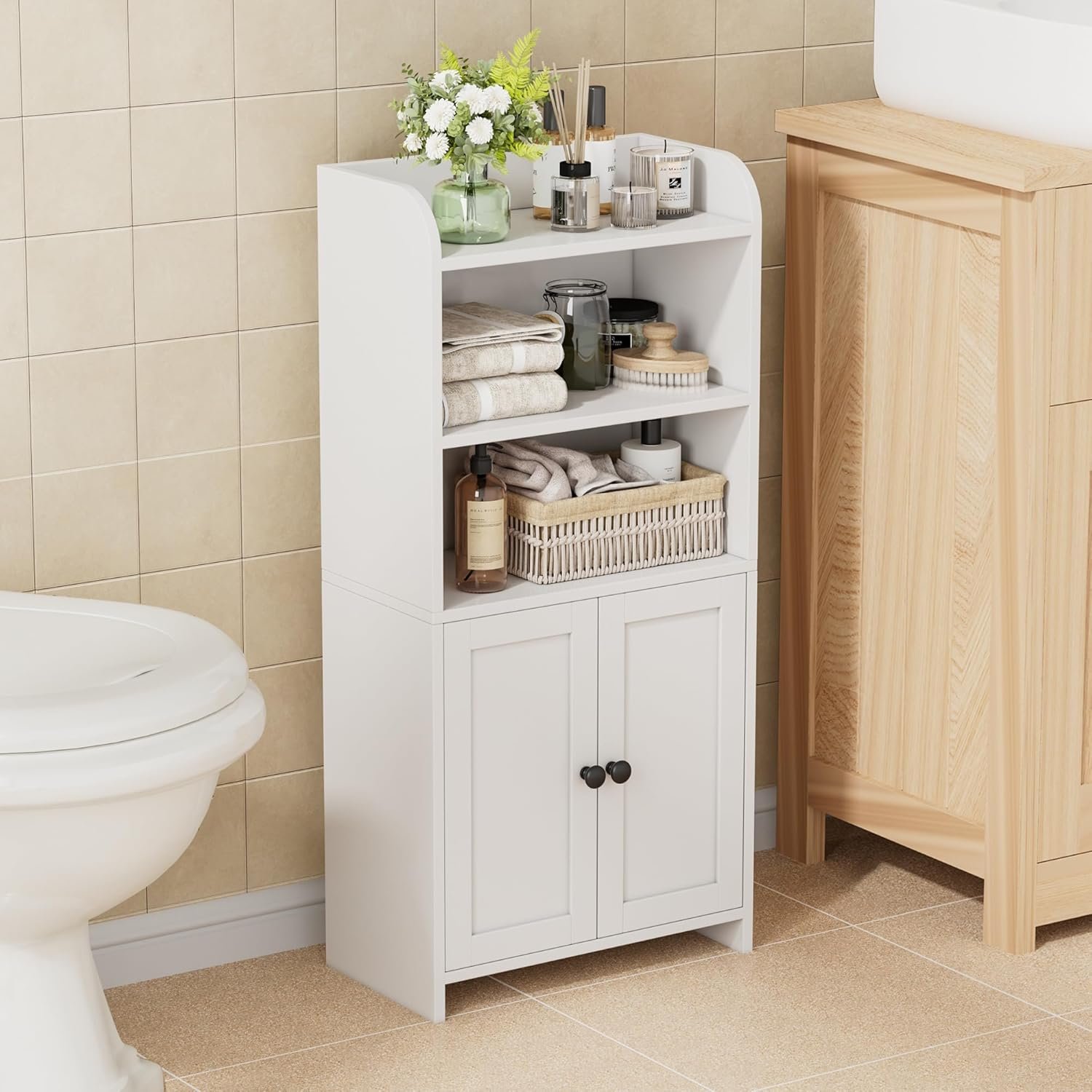 Homhedy Small Bathroom Storage Cabinet, Freestanding Toilet Paper Storage with 2 Doors and Shelves, Bathroom Organizers and Storage for Small Spaces, Laundry Room, 7.9″ D x 14.6″ W x 31″ H, White