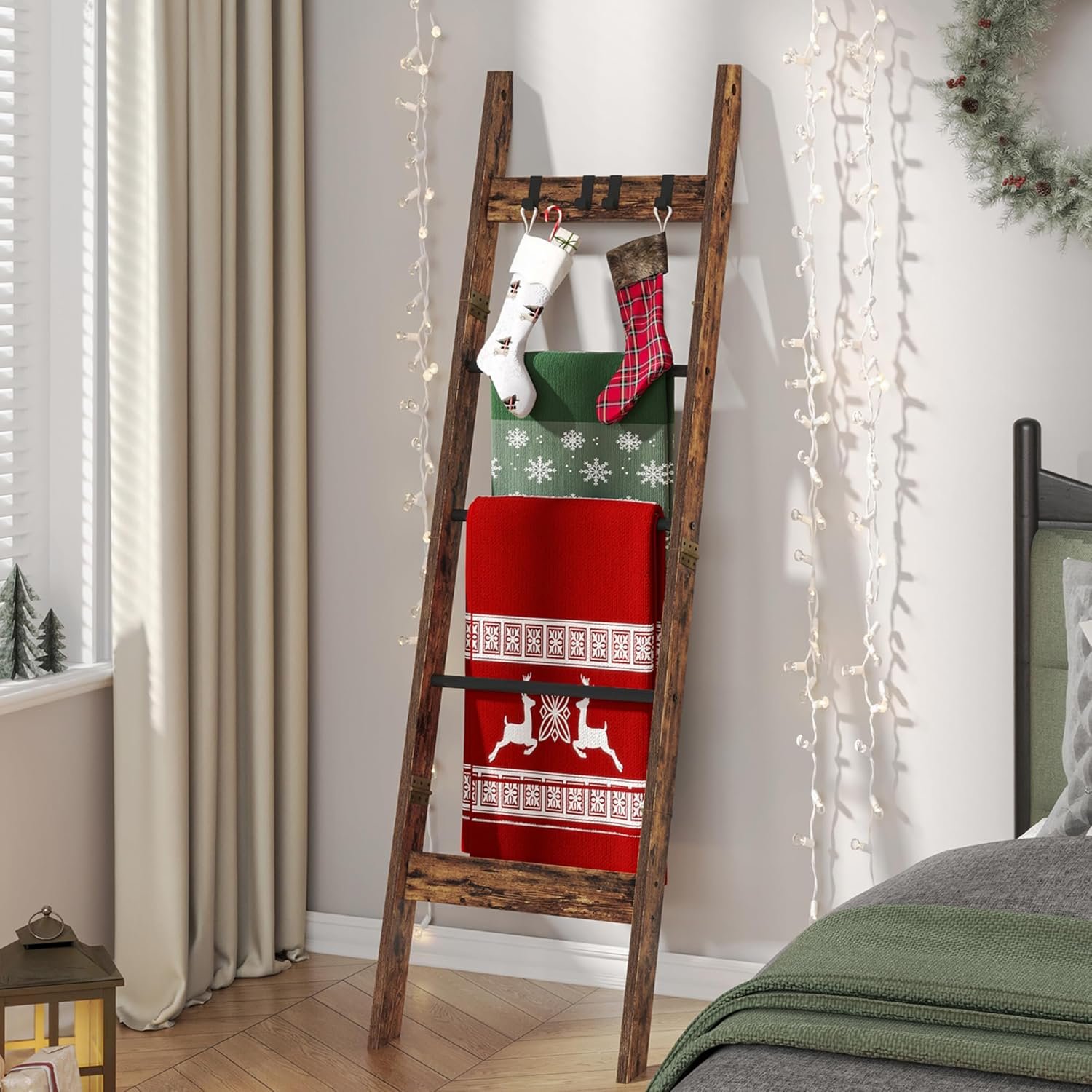 Blanket Ladder for Living Room, Decorative Quilt Rack with 4 Removable Hooks, 5-Tier Farmhouse Ladder Holder Shelf Organizer for Bedroom, Rustic Brown and Black 02101BBR