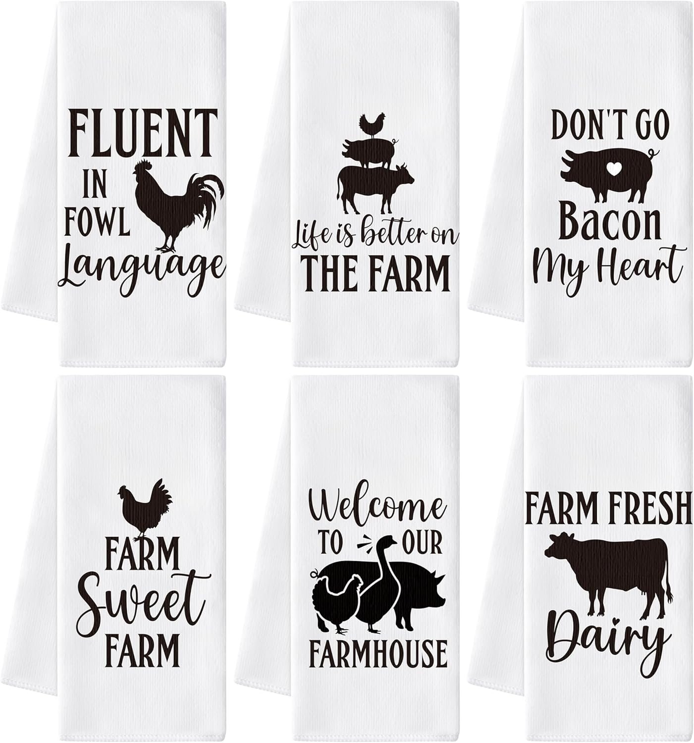 GROBRO7 Farm Animals Hand Towel – 6Pcs Sweet Farm Chicken Cow Pig Pattern Rustic Kitchen Dishcloths Set Polyester Soft Towels for Farmhouse Home Bathroom Dining Decor Housewarming Gifts