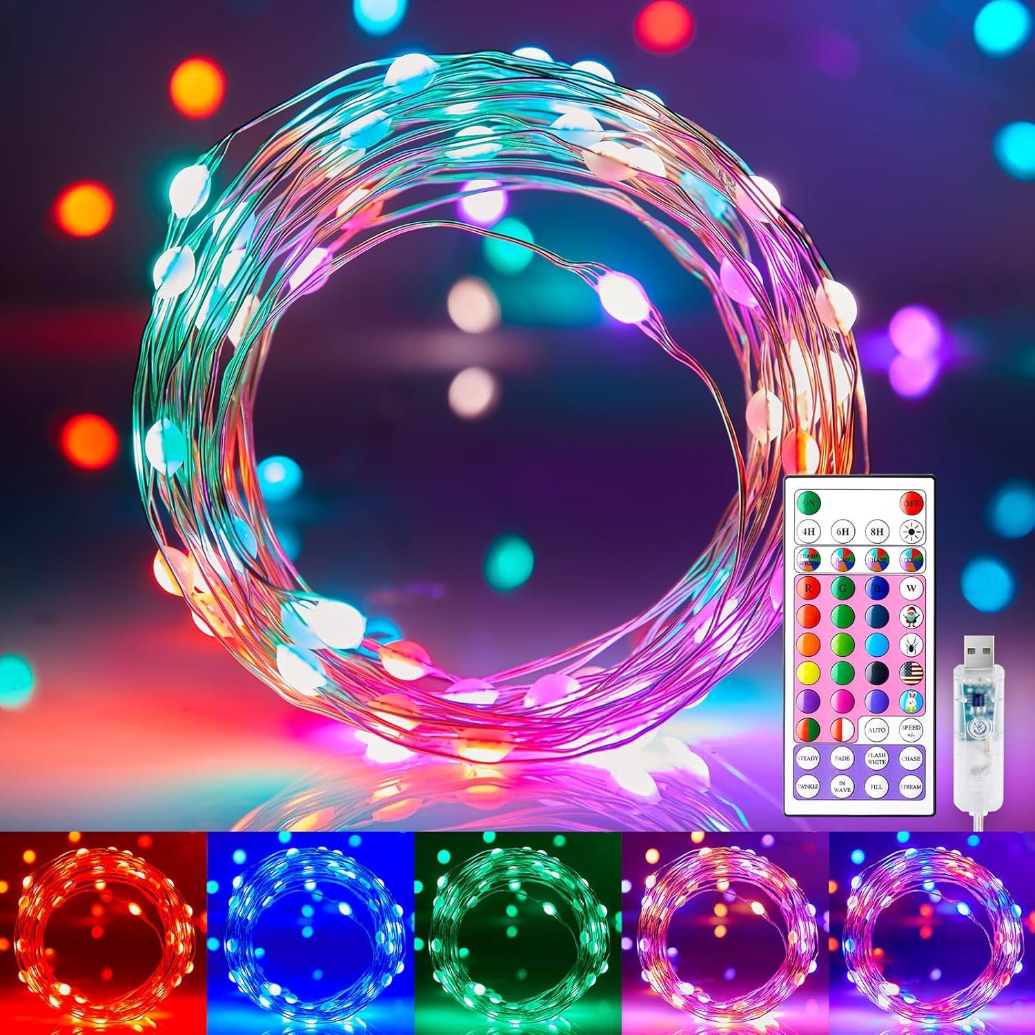 Minetom Fairy Lights Color Changing – 33FT 100 LED String Light with Remote, 16 Single Colors & 6 Holiday Colors,12 Modes, USB Fairy Lights for Bedroom, Halloween Light for Indoor Classroom Christmas