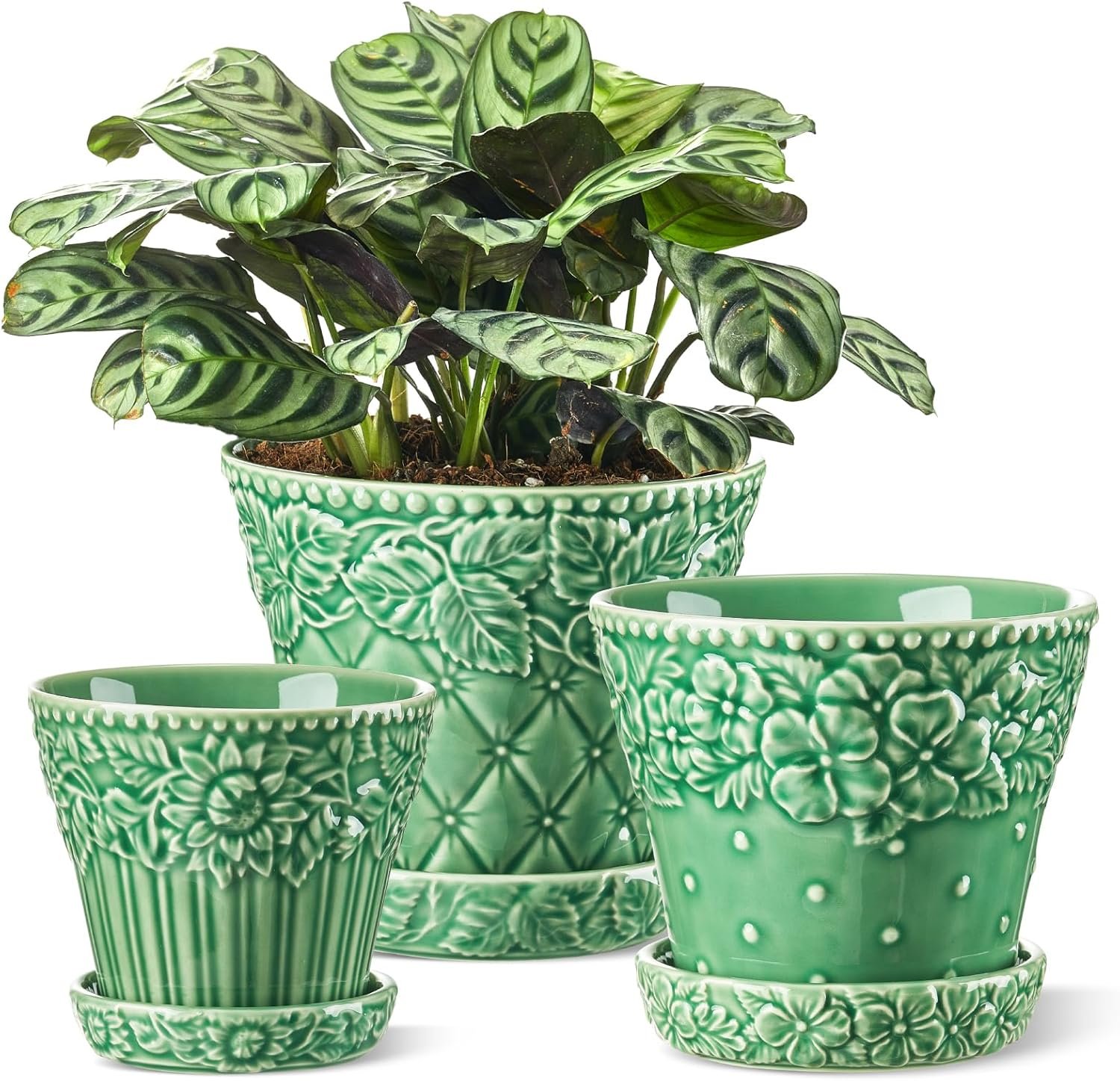 Ceramic Plant Pots, 3.8+4.9+5.8 Inch, Set of 3 Flower Pots with Drainage Hole & Saucer, Embossed Planter Pots for Indoor Plants, Home Decor, Green