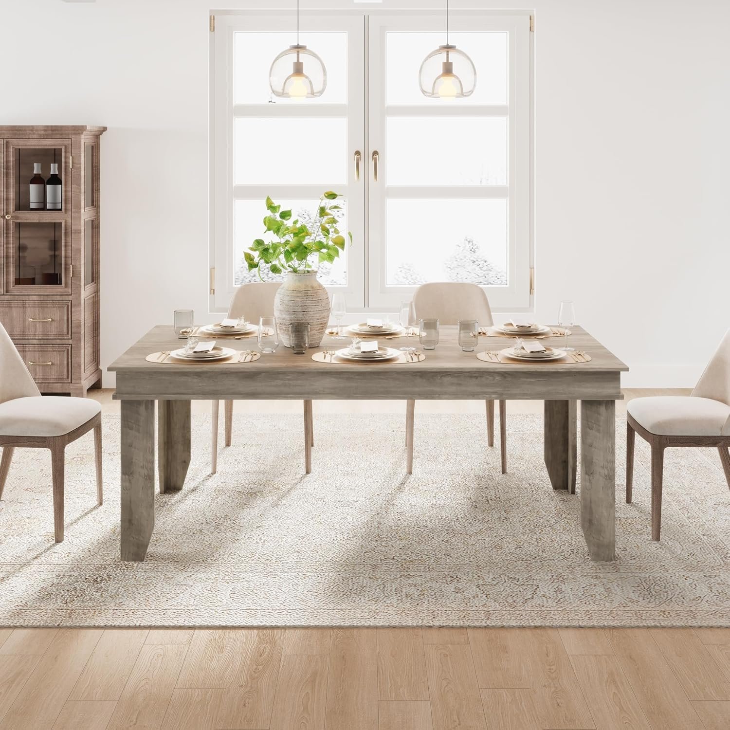 GarveeHome Farmhouse Dining Table for 6-8 People, 71 in Long Kitchen Tables with Wooden Sturdy Frame, 6 ft Large Rectangular Dinner Table for Dining Room, Kitchen, Grey, 71″ Non-extendable