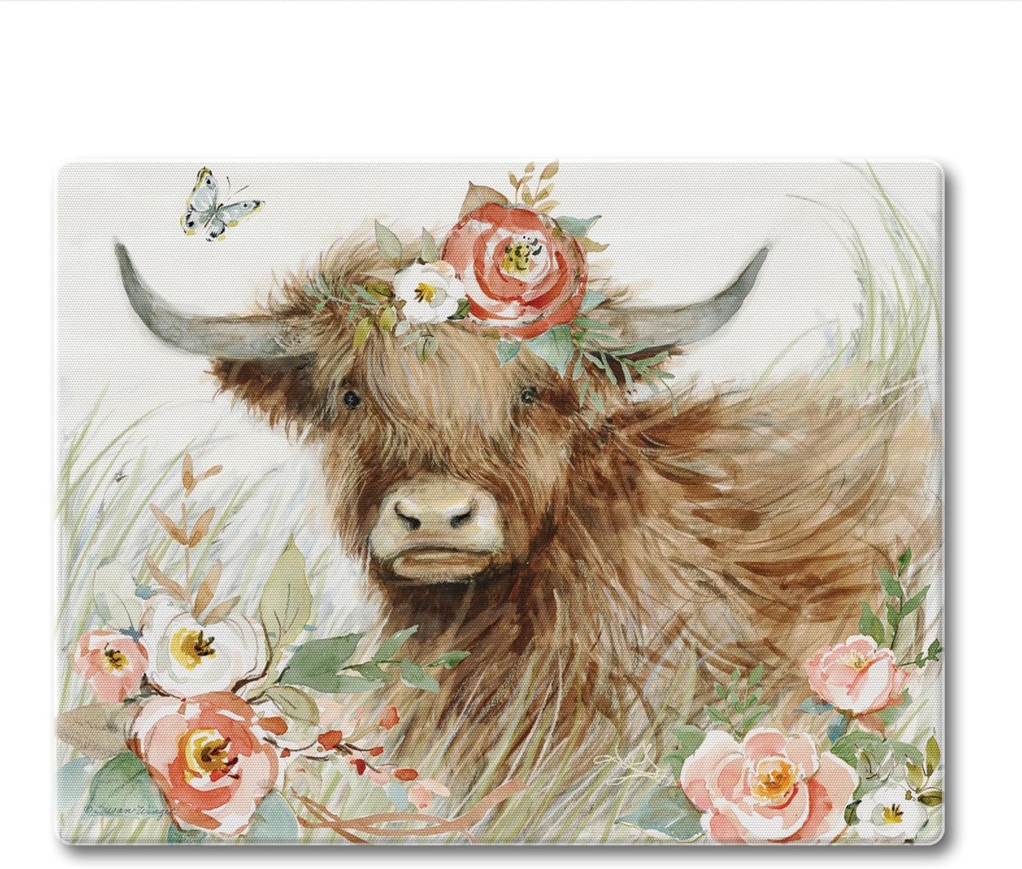 CounterArt Highland Cow Bloom 3mm Tempered Glass Cutting Board 10” x 8” Charcuterie Board Cheese Board Bar Board