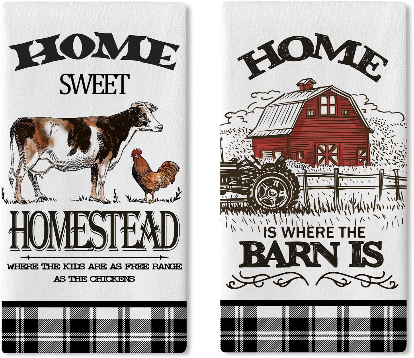 Farm Animals Kitchen Dish Towels Set of 2, Farmhouse Cow Rooster Barn Drying Hand Towel Baking Cooking Cloth, Homestead Tractor Sweet Home Decoration 18 x 26 Inches