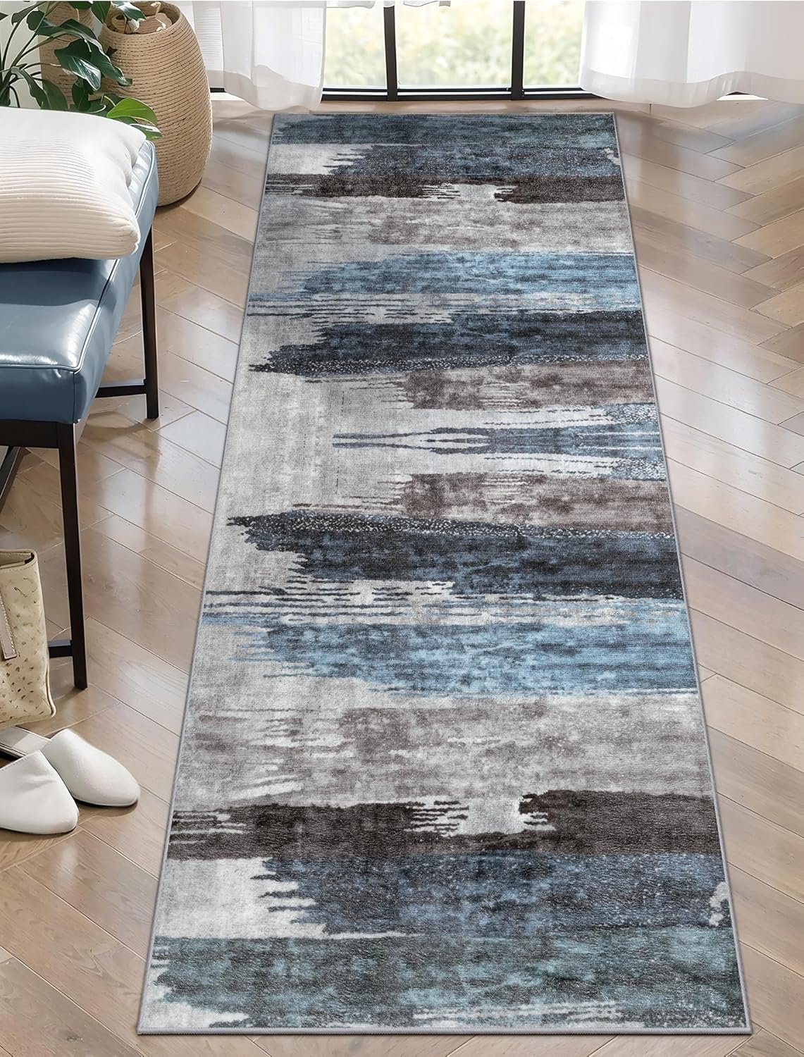 Ciicool 2×6 Washable Runner Rug, Modern Abstract Hallway Rugs Runner, Non-Slip Thin Accent Rug Lightweight Navy Grey Print Distressed Carpet for Laundry Entryway Bedroom Kitchen Bathroom Indoor