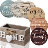 Queekay Coasters Set of 6 House Warming Gifts New Home Wooden Farmhouse Drink Coasters with Holder 4” Funny Decoration for Kitchen Family Coffee Bar Tabletop Protection(Farmhouse Color)
